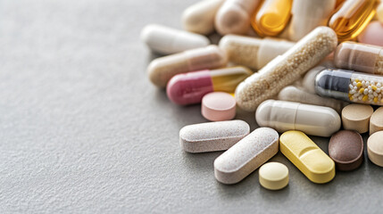 A collection of colorful capsules and tablets on a gray surface, representing health.
