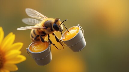 Fototapeta premium Bee flying over yellow flowers and collecting honey in a bucket. Spring concept 