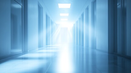 Beautiful blurred background of a modern office interior in gray tones with panoramic windows, glass partitions and orange color accents.