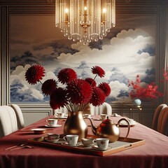 A simple tabletop
 scene in a photorealism style using 
glamorous, glowing chandelier
 lighting