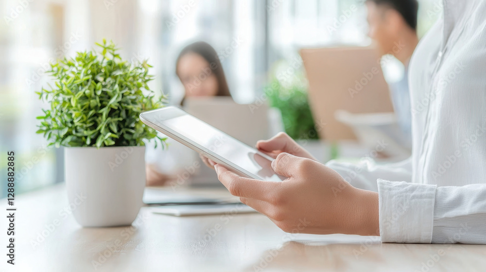 Poster team member using tablet in modern office setting with greenery