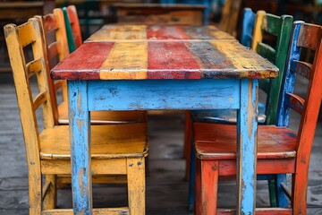 Fototapeta premium Colorful outdoor cafe tables