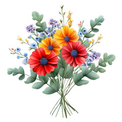 Obraz premium Bouquet of colorful flowers with green leaves and red berries arranged in a decorative vase isolated on transparent background..