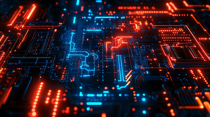 Hi-tech neon circuit board, electric blue and fiery red