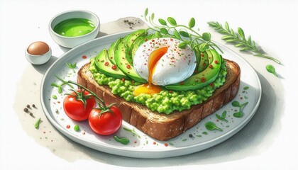 Close-up culinary art delicious avocado toast with poached egg in bright kitchen atmosphere