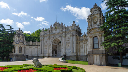 Fototapeta premium Gate of Sultan in Dolmabahсe Palace in Istanbul, Turkey, on European coast of Bosporus strait, main administrative center of Ottoman Empire