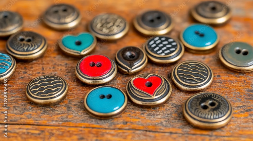 Aufkleber assortment of colorful buttons scattered on a rustic wooden surface. various shapes, patterns, and c