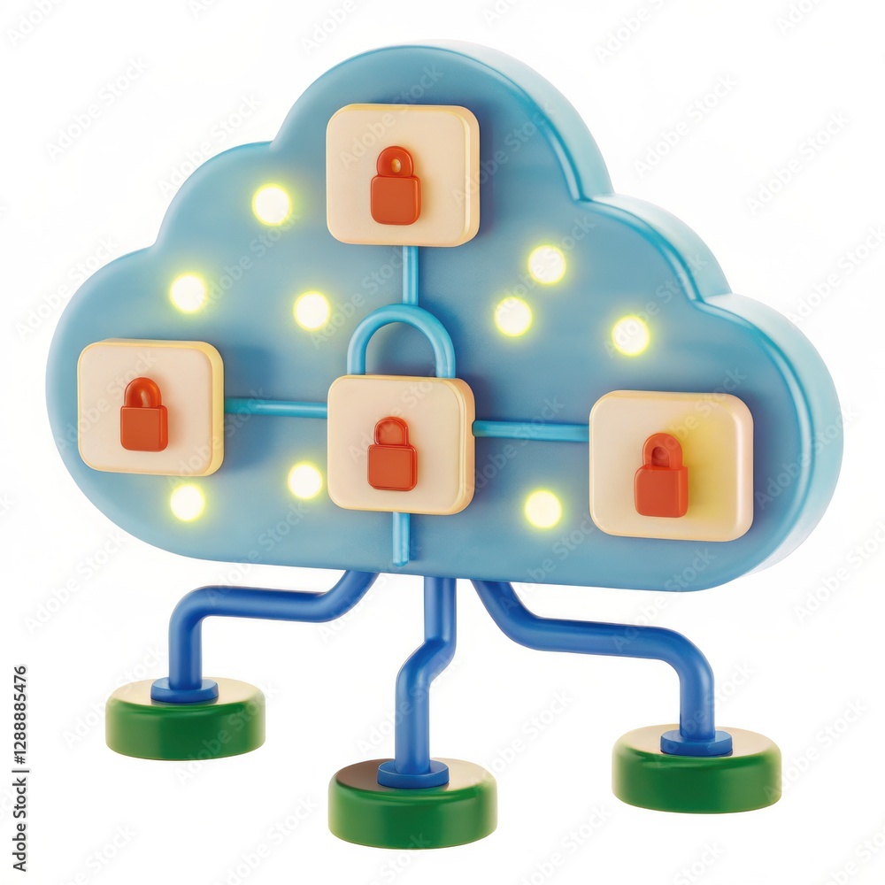 Poster detailed cyber protection concept displaying a glowing cloud with lock icons and connecting paths fo