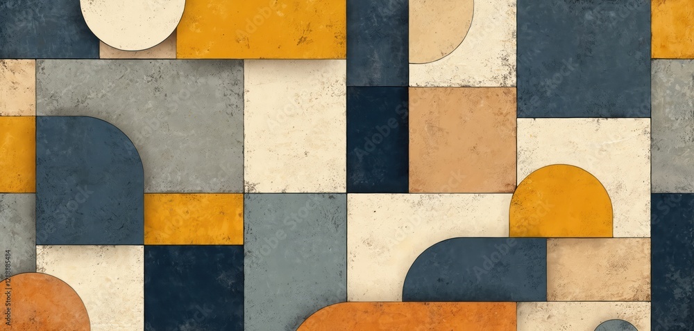 Poster Modern geometric art featuring intricate pattern. Glazed surface with rustic stone texture and color palette ranging from light yellow to dark blue, geometrical shapes for use as background.