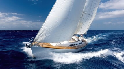 Fototapeta premium Sailing yacht, ocean, blue sky, fast moving. Possible use Stock photo for travel, leisure, boats, sailing