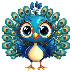 Obraz premium Colorful cartoon peacock with large feathers displaying vibrant hues isolated on transparent background, PNG