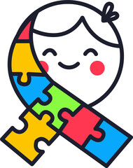 Autism awareness day logo illustration of a child and colourful puzzle pieces and ribbon, isolated png on transparent background