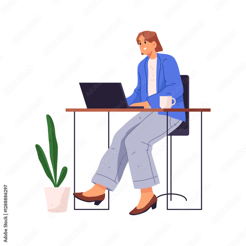 Poster Female personage working from home or office. Vector flat cartoon character in business suit using laptop for communication with clients and completion of work tasks and projects. Daily routine
