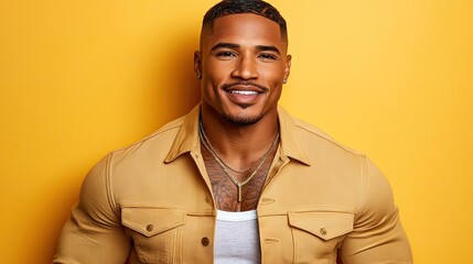Obraz premium Smiling man, yellow background, portrait, headshot, modeling