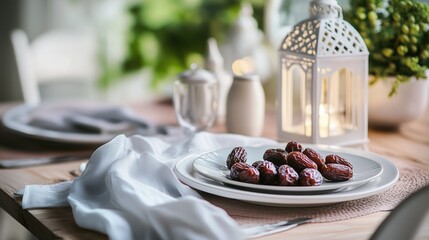 Plate of dates placed on a wooden table with a white cloth, accompanied by a decorative lantern and set against a blurred greenery background, creating a cozy dining ambiance.