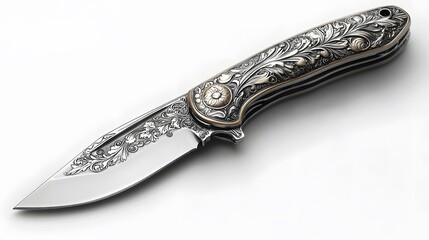 Ornate Folding Knife with Detailed Floral Design and Silver Finish