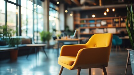Beautiful blurred background of a modern office interior in gray tones with panoramic windows, glass partitions and orange color accents.