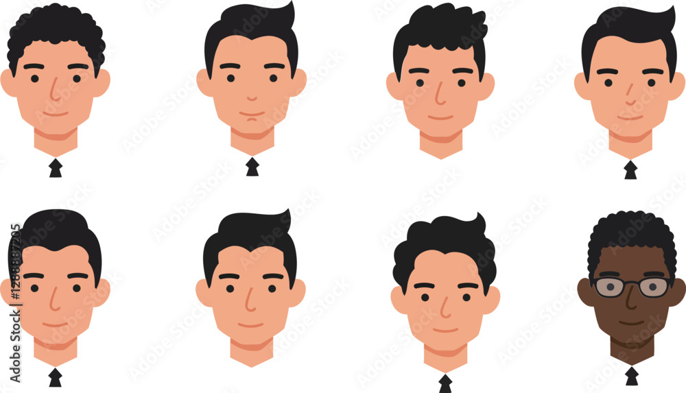Poster eight animated character faces showing different expressions and hairstyles in a grid layout