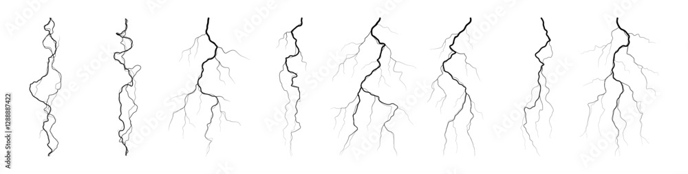 Poster thunderbolts isolated set. vector realistic energy discharge of lightning. power electrical light sp