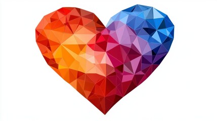 Abstract polygonal heart, red, orange, blue, purple hues, white background, geometric, low poly, love, romance, Valentine's Day, art, design