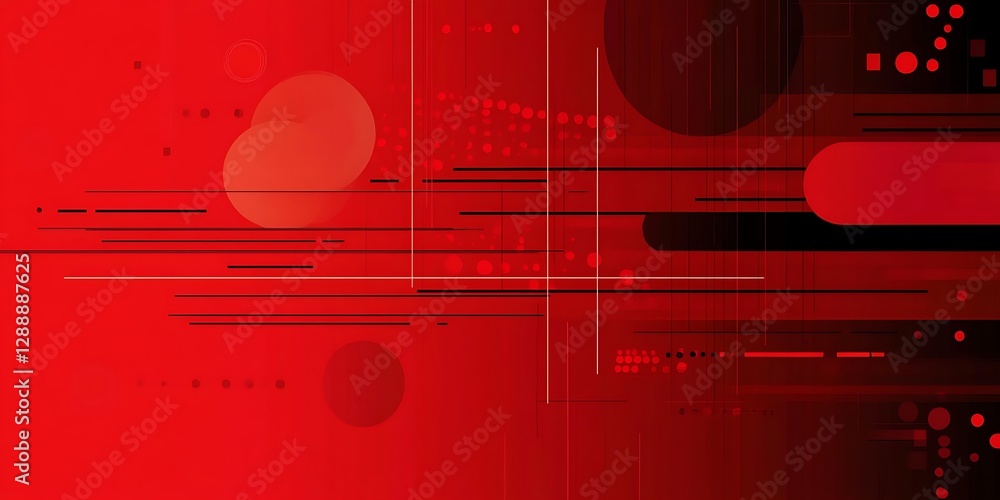 Poster abstract background in red colors consisting of geometric shapes, lines and dots ,