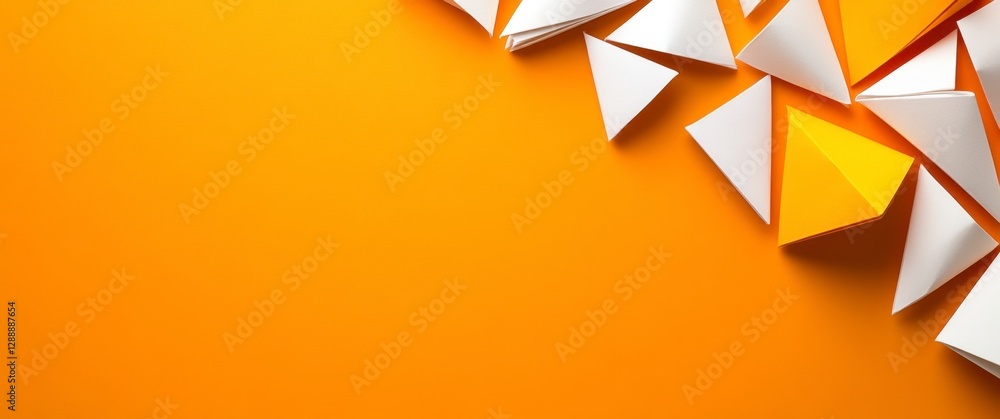 Poster abstract image featuring scattered white and yellow triangular shapes on an orange background. the t