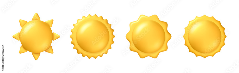 Poster Sun with shining rays, isolated set of realistic sunny icons. Vector weather forecast application or widget UI element or buttons. Temperature control and climate, hot and heat warming day