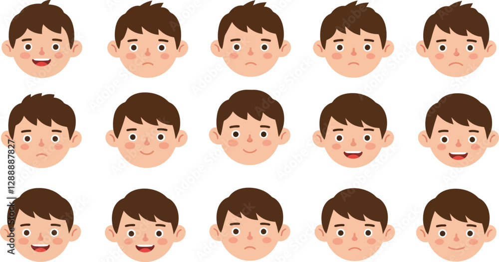 Poster set of cartoon faces displaying various emotions and expressions in a grid layout