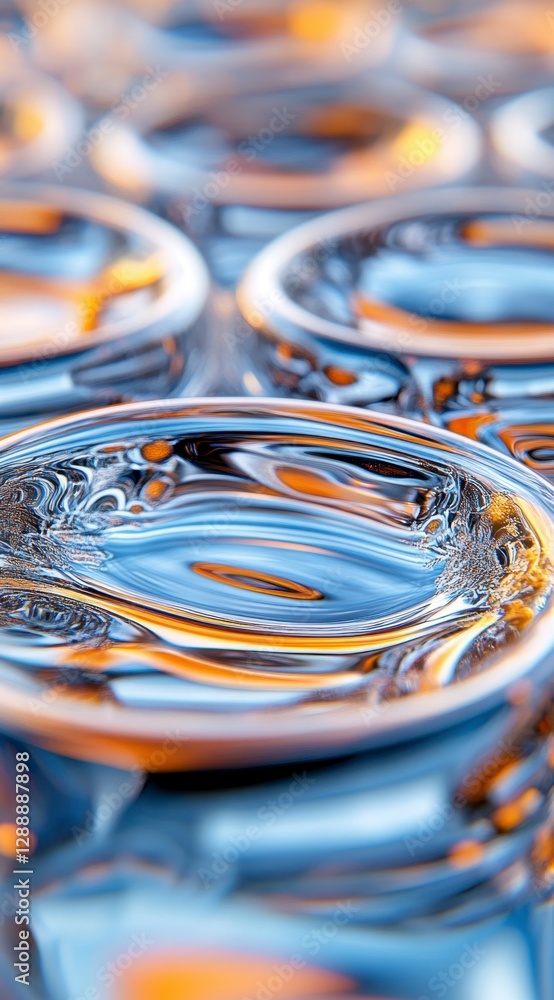 Poster close up view of metallic objects with reflective surfaces, exhibiting a gradient of blue and gold h