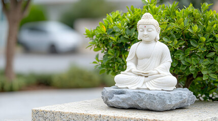 Serene Buddha statue meditating outdoors, garden background, peaceful scene, mindfulness concept