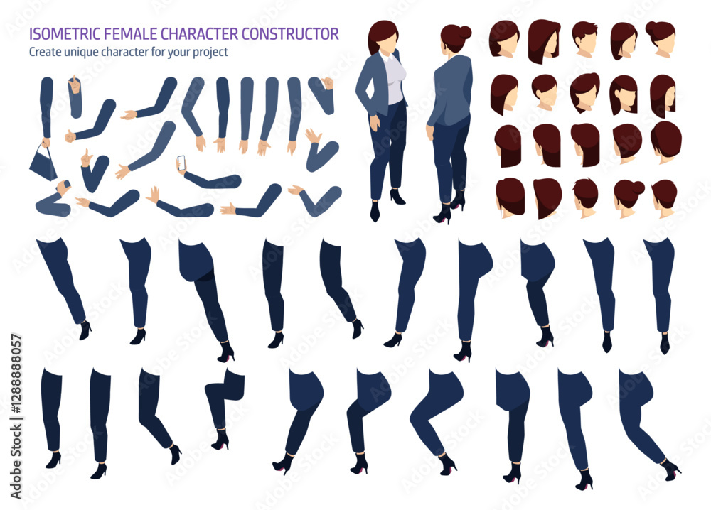 Poster Isometric female character constructor, create unique personage for your project. Vector isolated set of gestures of womans hands, leg position and hair style to generate business lady