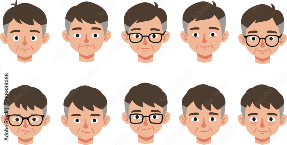 Poster nine animated male faces displaying various emotions and expressions in a sequential arrangement