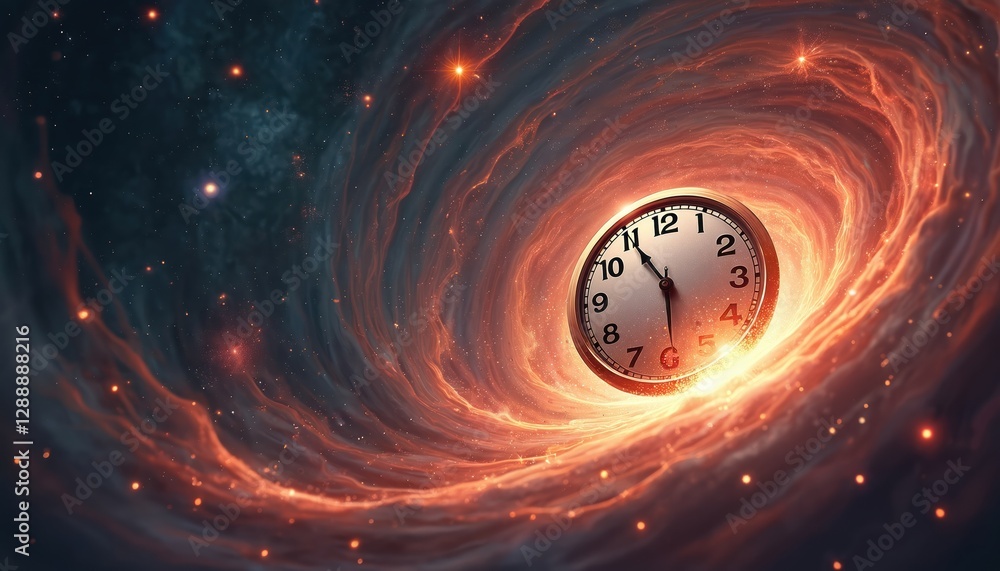 Poster illustration of clock against cosmic time vortex background. universe galaxy with stars and nebula. 