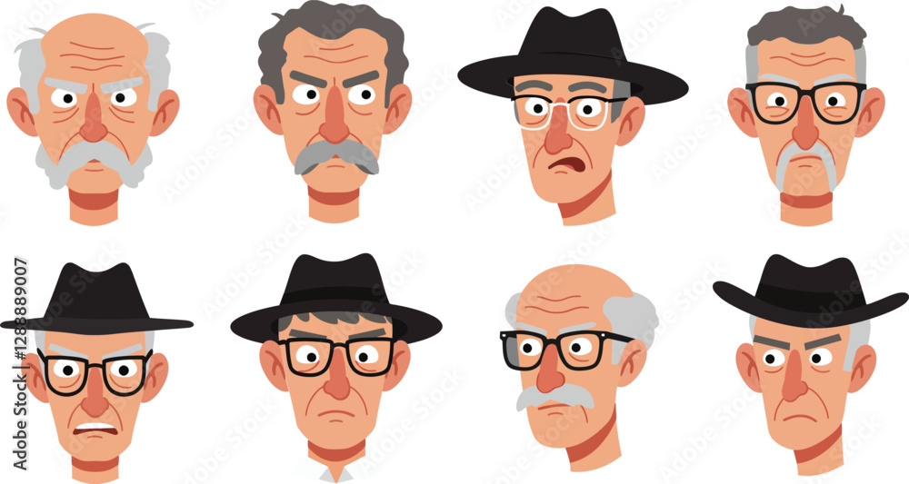 Poster collection of expressive cartoon faces with varying emotions and accessories in a grid layout