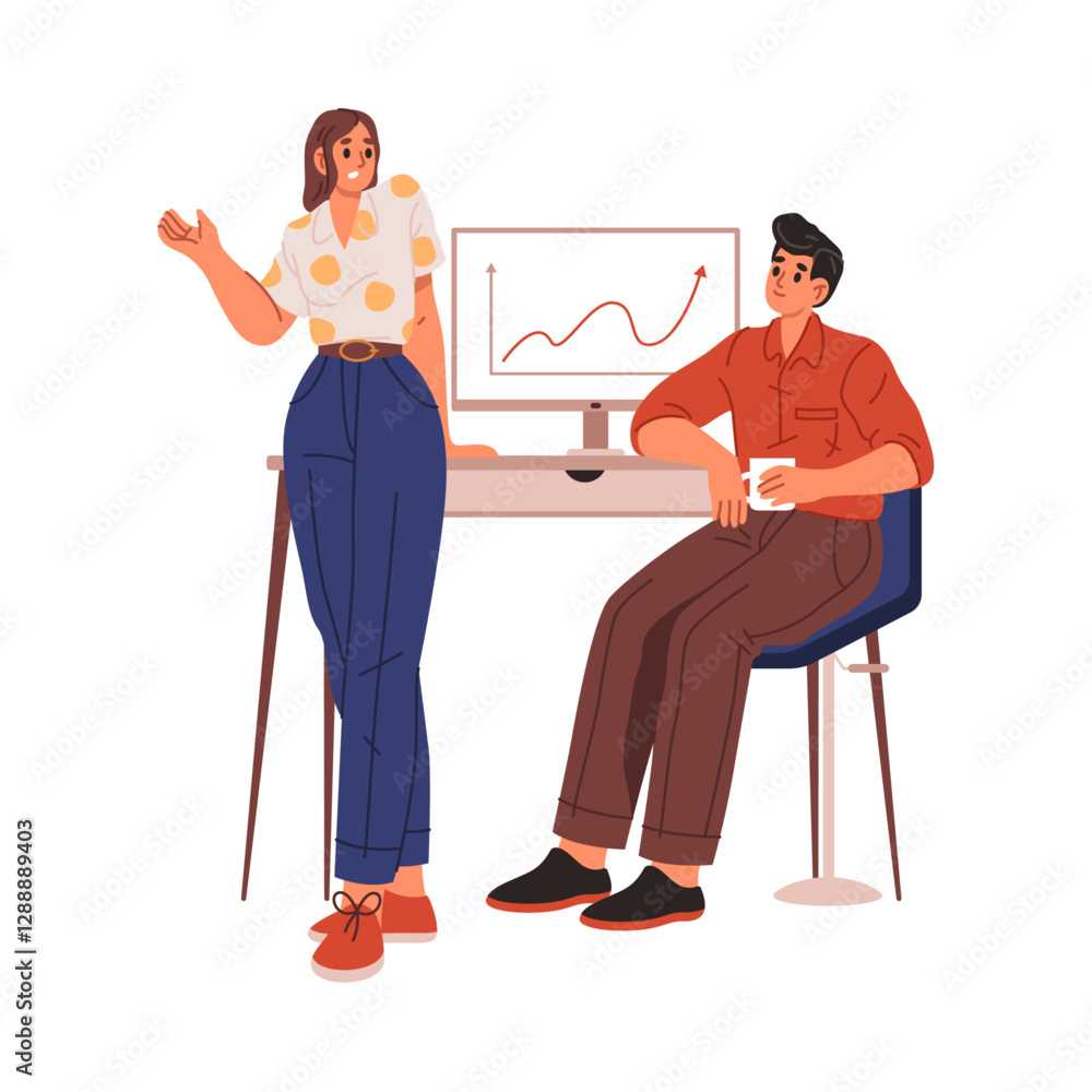 Poster Employees in office working on project tasks. Vector isolated people discussing and brainstorming for ideas. Business development and growth in company. Presentation with charts and diagrams