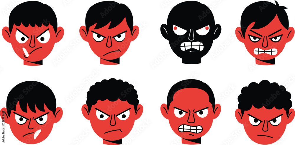 Poster eight animated expressions showing various stages of anger and frustration in characters