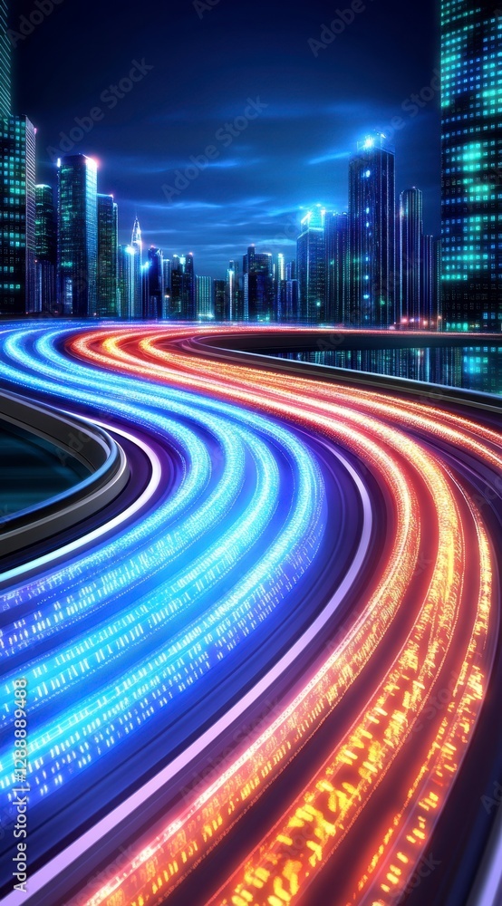 Poster abstract image of a highway at night with vibrant light trails forming a dynamic curve against a bac