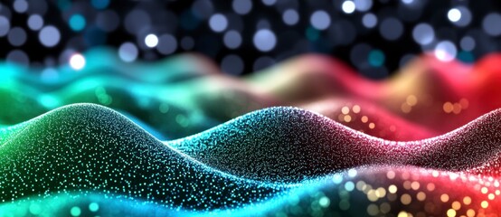 Fototapeta premium Abstract background with colorful, glittering, undulating particles. Dark background with bokeh lights. The particles form soft hills and waves