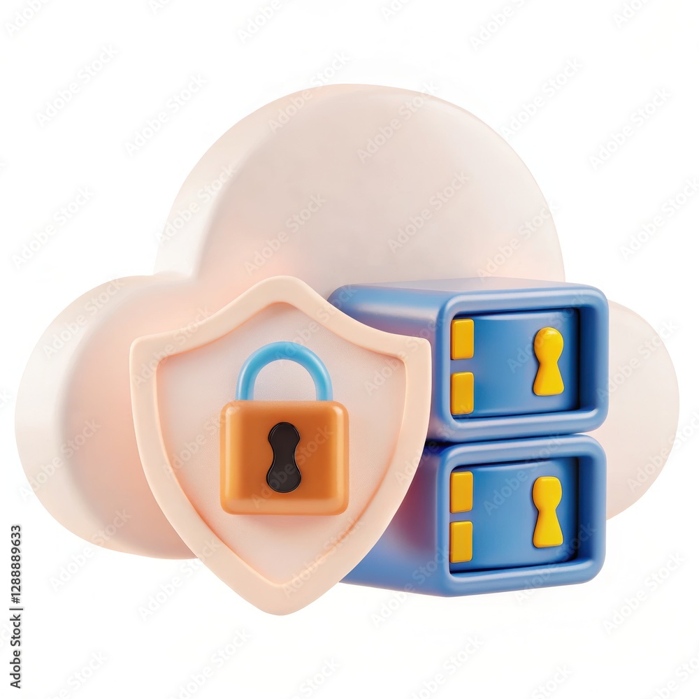Poster futuristic cybersecurity concept with hyper-realistic cloud and lock symbols for digital protection 