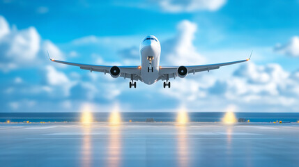 Obraz premium A modern airplane taking off against a bright blue sky and beautiful clouds.