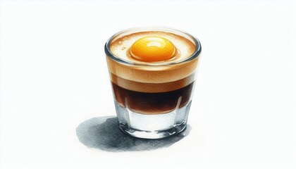 Close-up culinary art tasty espresso shot with egg yolk in bright coffee shop setting