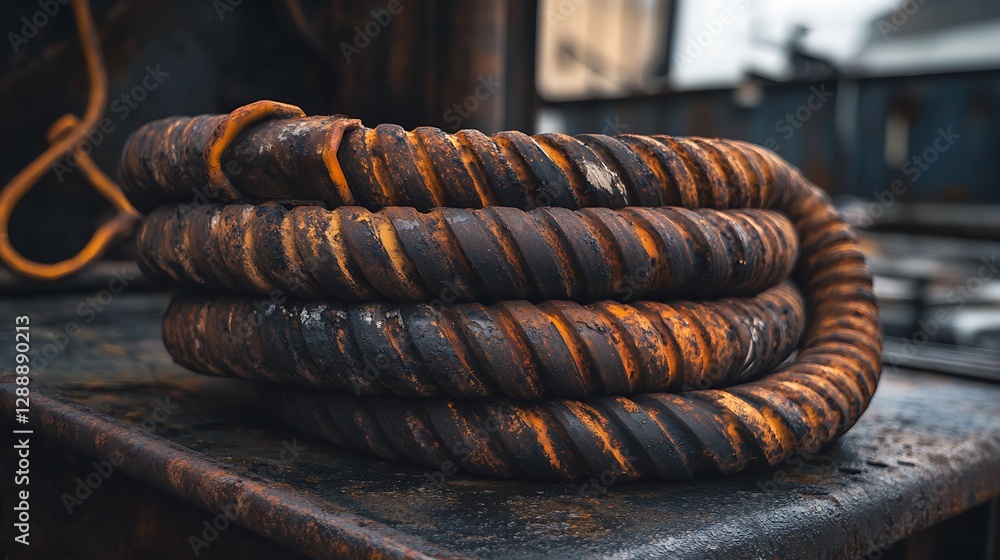 Poster coiled reinforcement bar closeup showing heavy rust and texture