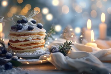 Festive pancake stack with blueberries and holiday lights