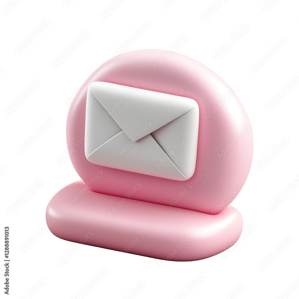 Poster pink mailbox with white envelope standing on a wooden surface in a bright indoor setting isolated on