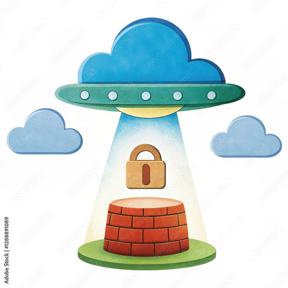 Aufkleber photorealistic ai-powered security system with scanning features in a whimsical cloud and ufo illust