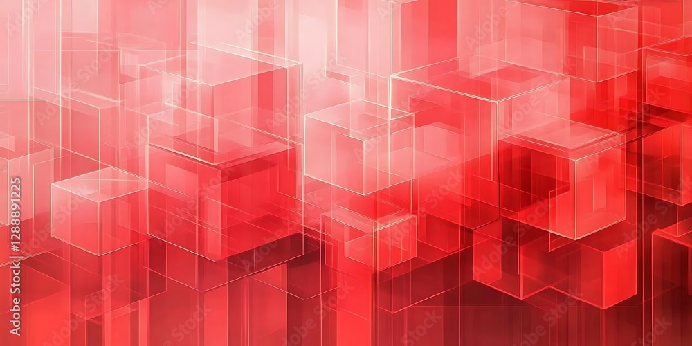 Poster abstract background of translucent isometric shapes such as cubes and parallelepipeds shapes in red 