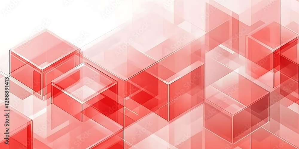 Poster abstract background of translucent isometric shapes such as cubes and parallelepipeds shapes in red 