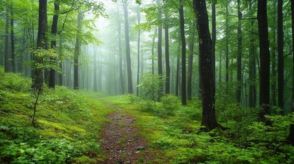 Fototapeta premium Lush Green Forest Path Through Misty Trees in Serene Nature Landscape with Soft Light and Vibrant Foliage
