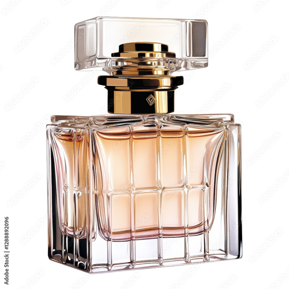 Poster elegant perfume bottle on white background with intricate design and clear liquid inside isolated on