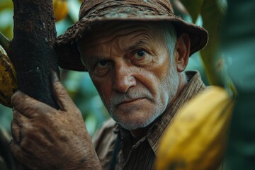 Obraz premium Cocoa Plantation. Farmer at Work tending and harvesting Cocoa Beans in Organic Farming